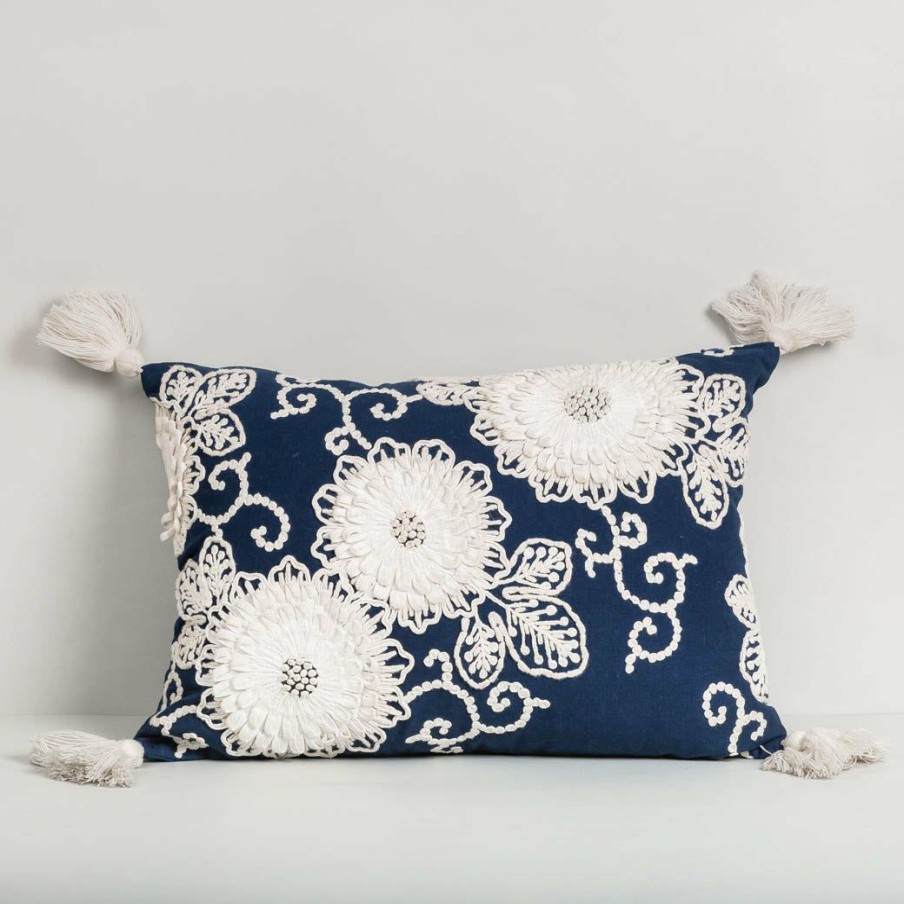 Textiles * | Elm And Oak Navy Blue Tasseled Cushion