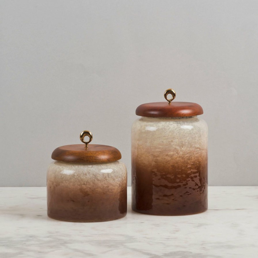 Table Top * | Elm & Oak Belgravia Glass Canisters- Pearl / Brown (Set Of 2) Accessories