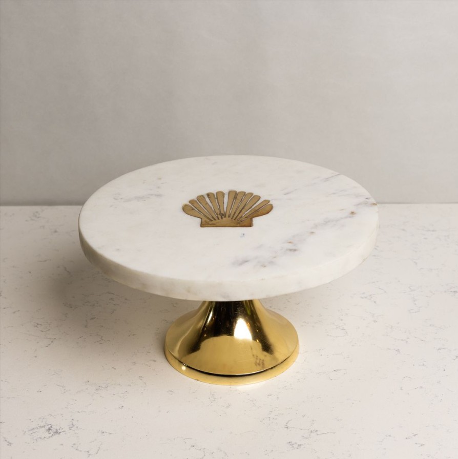 Table Top * | Elm & Oak Shell Marble Inlay Cake Stand