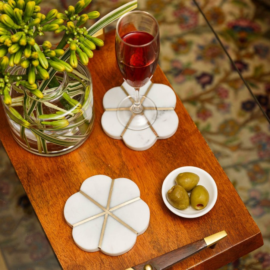 Table Top * | Elm And Oak Marble Floral Coasters With Brass Inlay (Set Of 4)