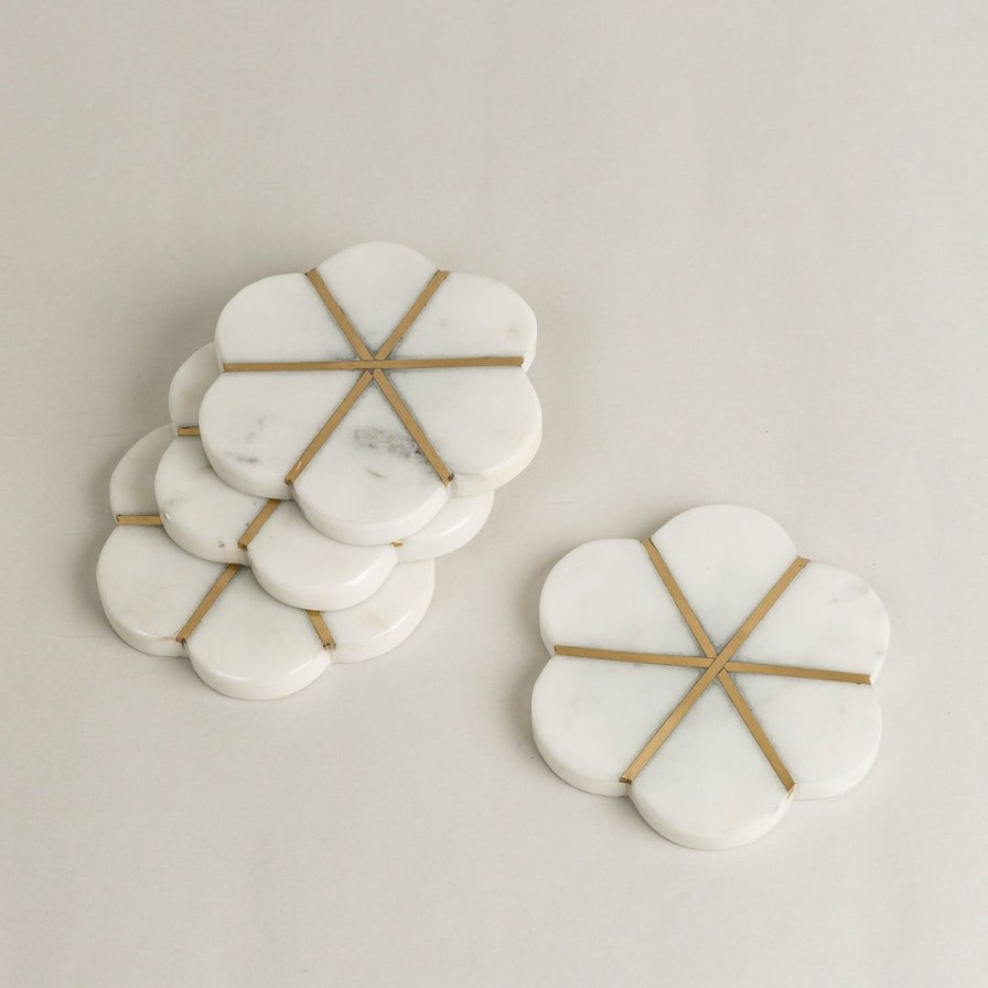 Table Top * | Elm And Oak Marble Floral Coasters With Brass Inlay (Set Of 4)