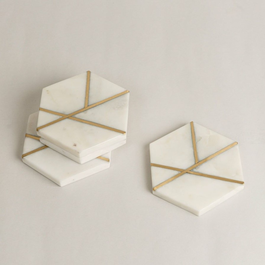 Table Top * | Elm And Oak Marble Hexagonal Coasters With Brass Inlay (Set Of 4)