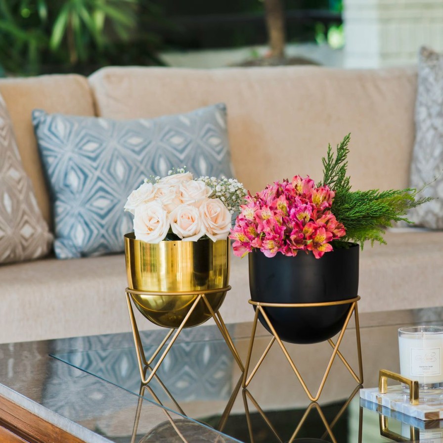 Table Top * | Elm & Oak Black And Gold Planters (Set Of 2) Accessories