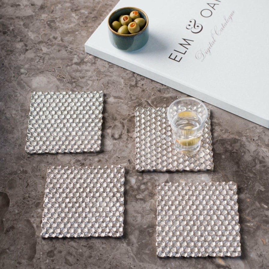 Barware * | Elm & Oak Honeycomb Coasters Silver (Set Of 4)