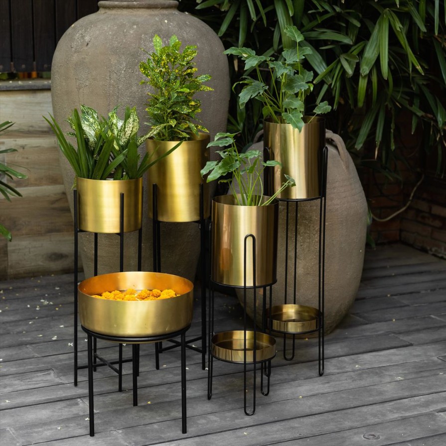 Table Top * | Elm & Oak Antique Brass Finish Planters (Set Of 2) Accessories