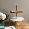 Table Top * | Elm & Oak Table Top White Marble And Wood Two-Tiered Cake Stand