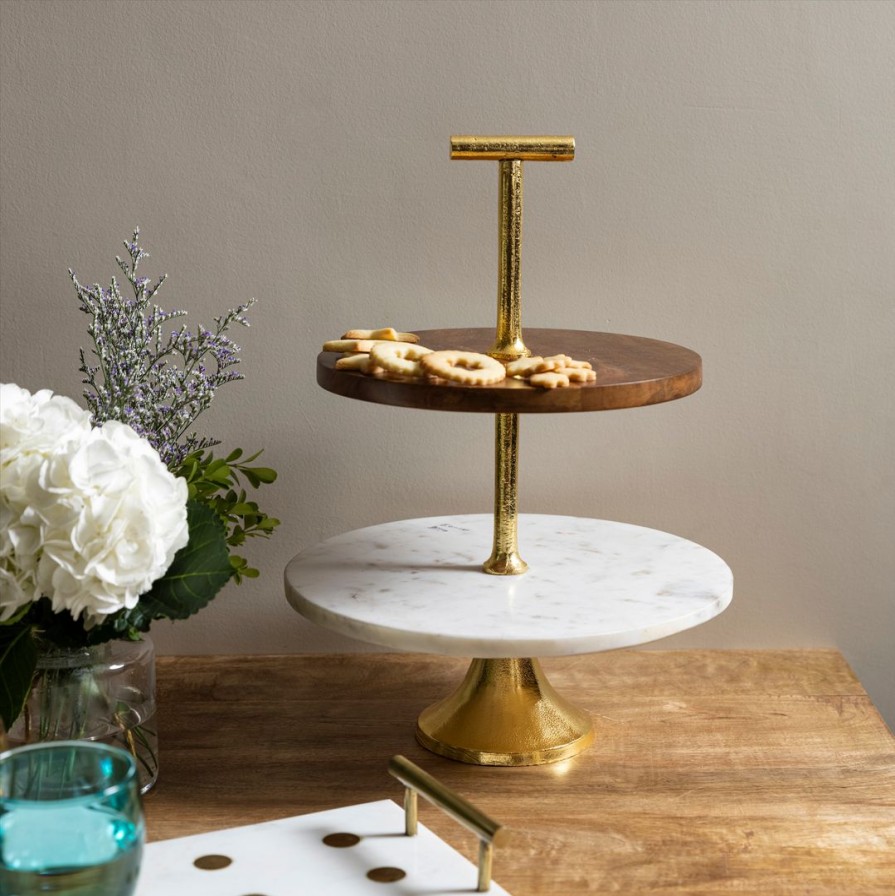 Table Top * | Elm & Oak Table Top White Marble And Wood Two-Tiered Cake Stand