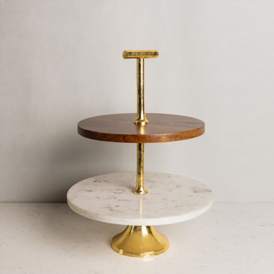 Table Top * | Elm & Oak Table Top White Marble And Wood Two-Tiered Cake Stand