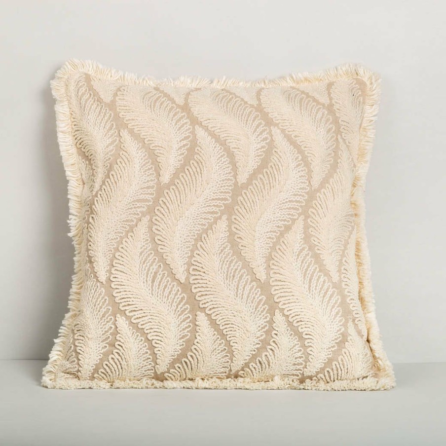 Textiles * | Elm And Oak Beige Embroidered Cushion Textiles