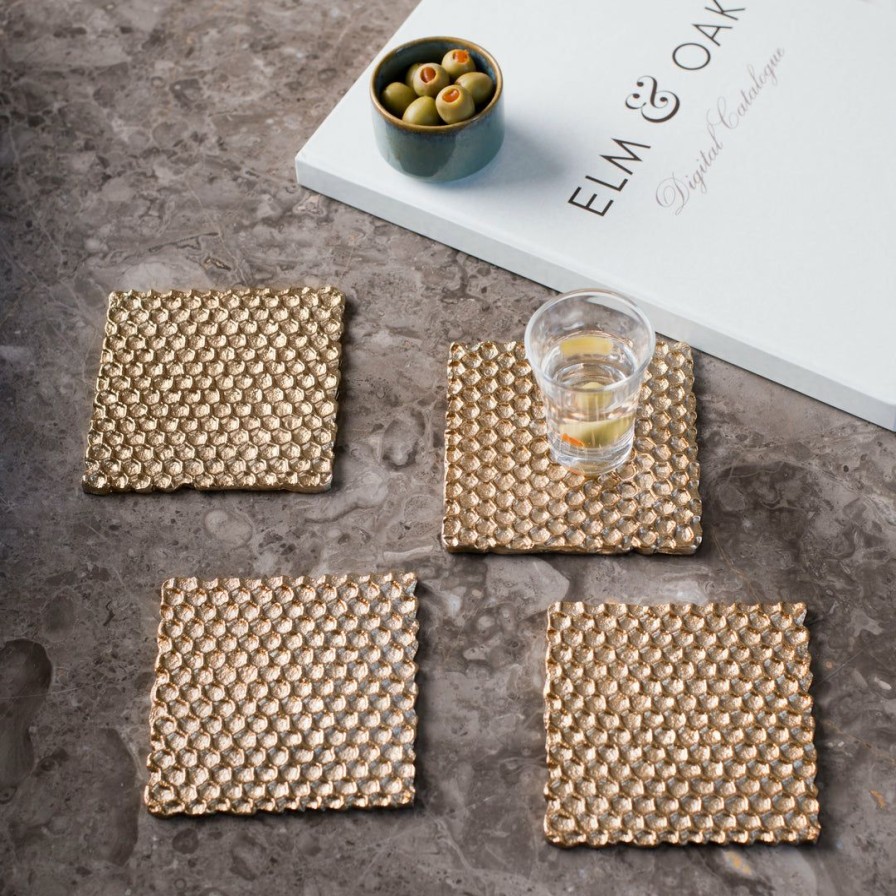 Barware * | Elm & Oak Barware Honeycomb Coasters Gold (Set Of 4)